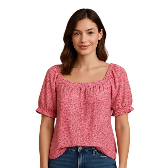LOFT Tops - LOFT Pink Floral Shimmer Blouse Women’s Small Popover Top Puff Sleeve‎         J